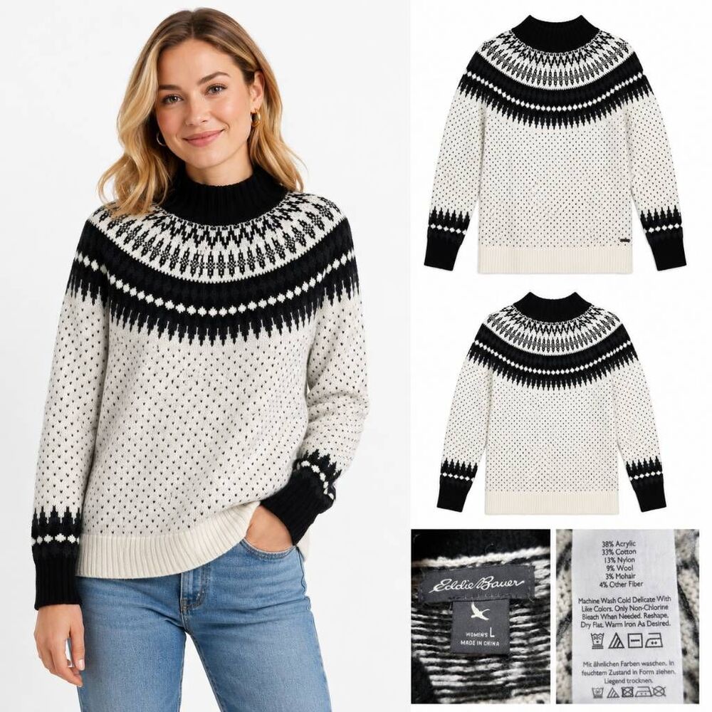 Eddie Bauer L Fair Isle Mock Neck Wool Blend Sweater